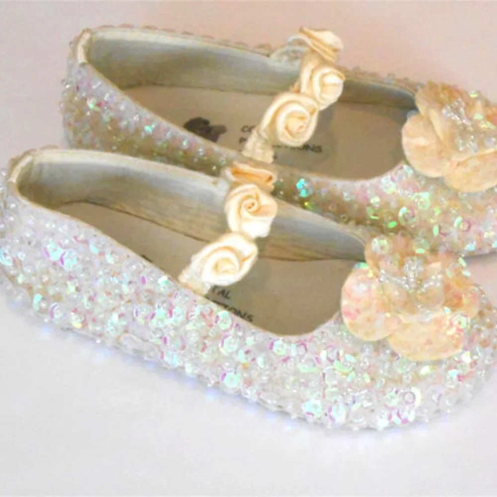 Ivory Sequin Girls Flats‎ Shoes Dance Recital Dress-Up Easter 0 4Inf 6 4 5 NEW
